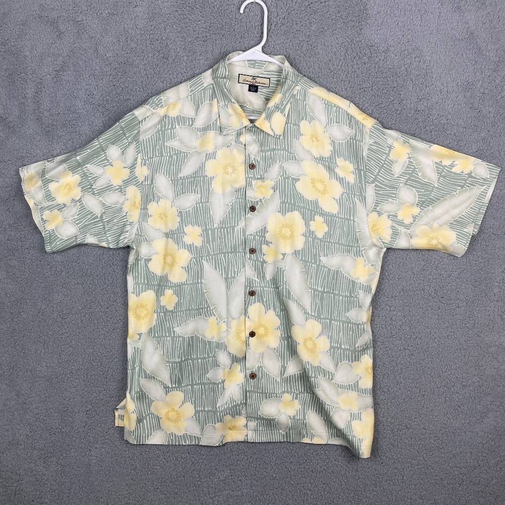 TOMMY BAHAMA Button Up Shirt Mens L Floral 100% Silk Short Sleeve Collared